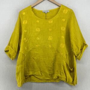 Mustard Yellow/Gold/Chartreuse Linen European Chic Women's Blouse 3/4 Sleeves